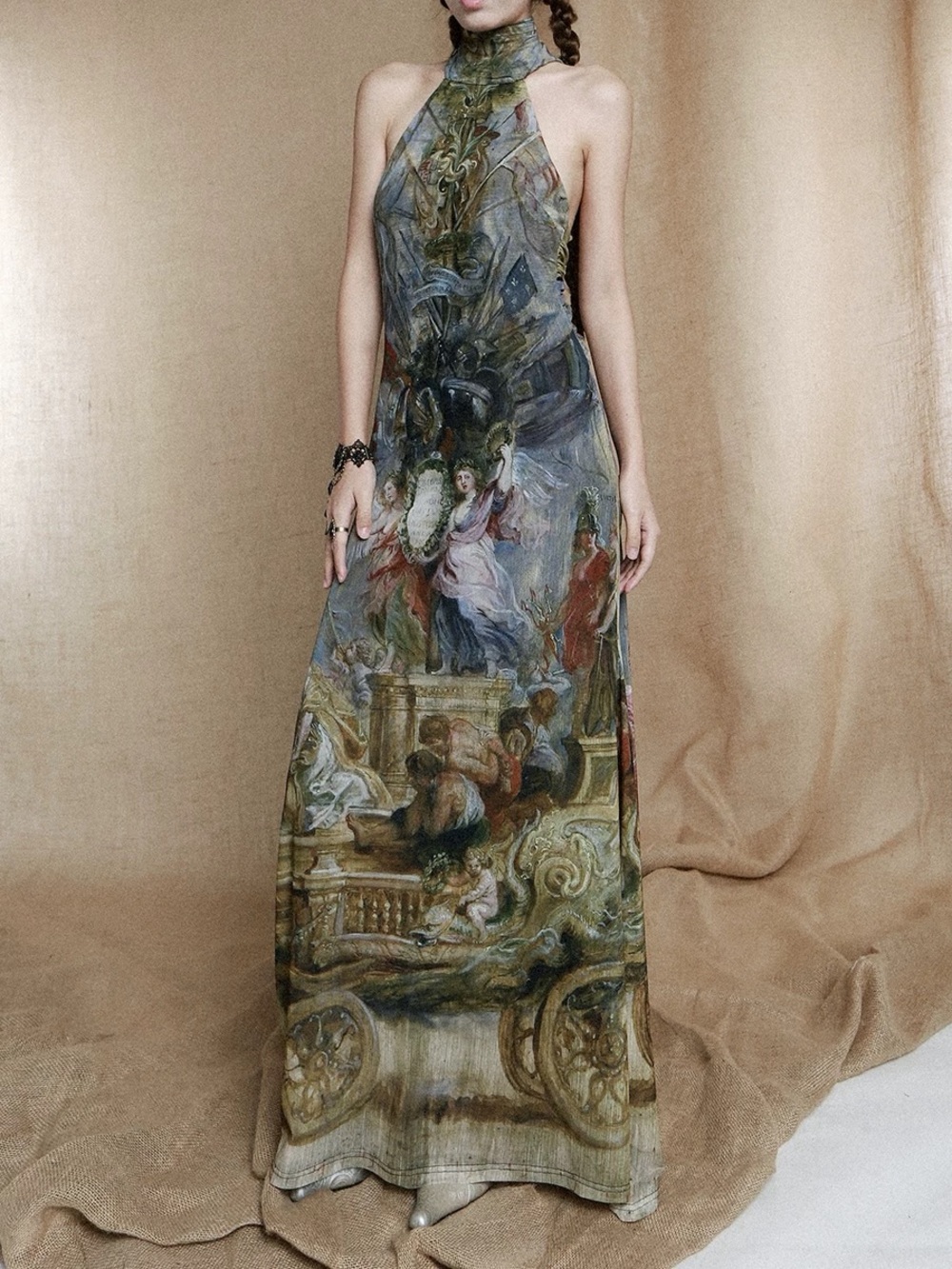 Baroque Print Halter Maxi Dress | Open Back | Size S